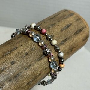 Petite Silver Gemstone Beaded Bracelets Qty 2 Round Blue Pearl Autumn Tones